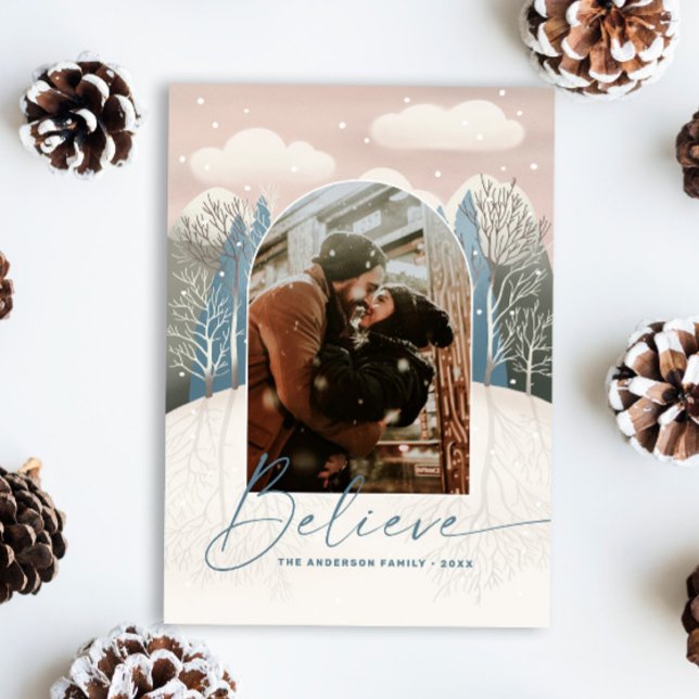 Modern Winter Forest Christmas. Believe Arch Photo Holiday Card (Creator Uploaded)