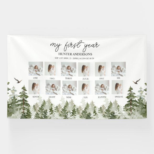 Modern Winter Forest Deer Baby’s First Year Banner (Horizontal)