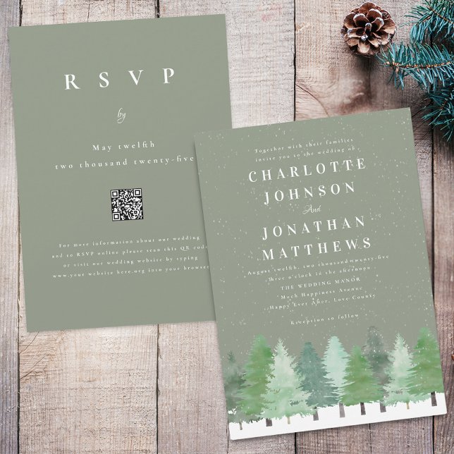 Modern Winter Forest QR Code Sage Green Wedding Invitation (Modern watercolor snowy Woodland forest sage green winter wedding qr code invitation)