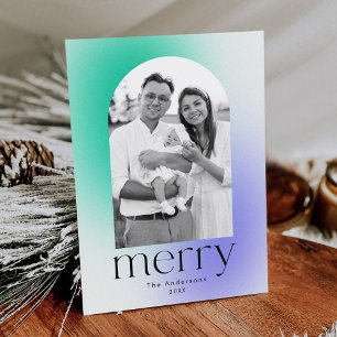 Modern Winter Gradient Cyan and Purple 2 Photo Holiday Card