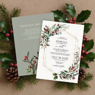 Modern Winter Greenery Christmas Berries Wedding Invitation