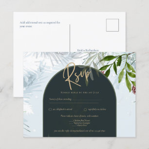 Modern Winter Greenery Wedding Gold Text Teal Arch Postcard