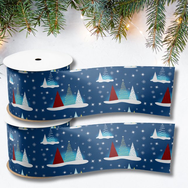 Modern Winter Happy Holiday Trees Pattern Satin Ribbon (Creator Uploaded)