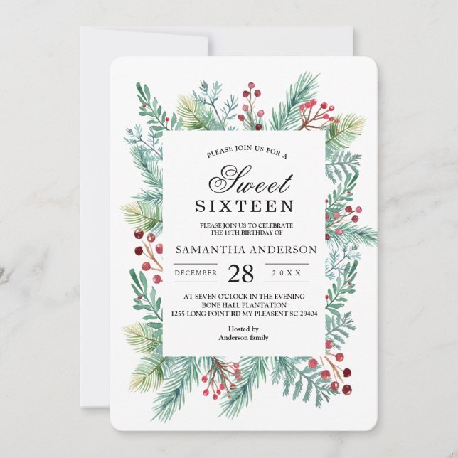 Modern Winter Leaf Frame Greenery Invitation (Front)