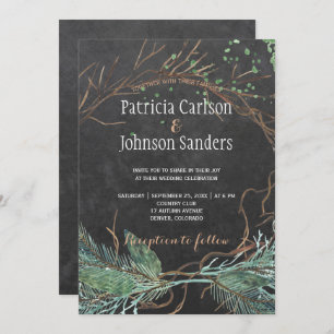 Modern winter nature chalkboard watercolor wedding invitation