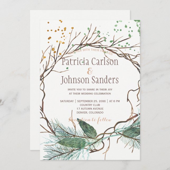 Modern winter nature wreath watercolor wedding invitation (Front/Back)