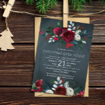 Modern Winter Navy Red Floral Christmas Open House Invitation<br><div class="desc">Elegant winter watercolor Christmas corporate open house invitation template featuring red burgundy and white peony roses bouquets with seasonal pine green fir branches, red berries and foliage over a dark midnight navy blue chalkboard background. Personalise it with your details! The invitation is suitable for winter holidays / Christmas elegant chic...</div>