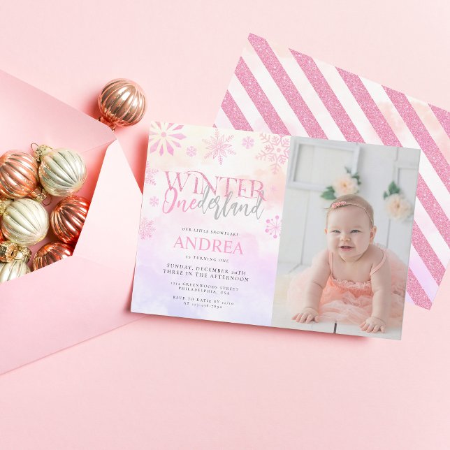 Modern Winter ONEderland Pink Girl 1st Birthday Invitation (Creator Uploaded)