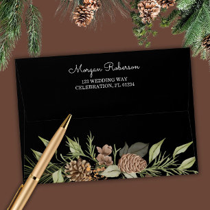 Modern Winter Pine Black and White Elegant Wedding Envelope