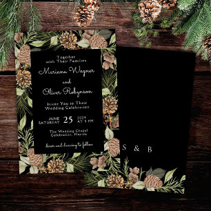 Modern Winter Pine Black and White Elegant Wedding Invitation