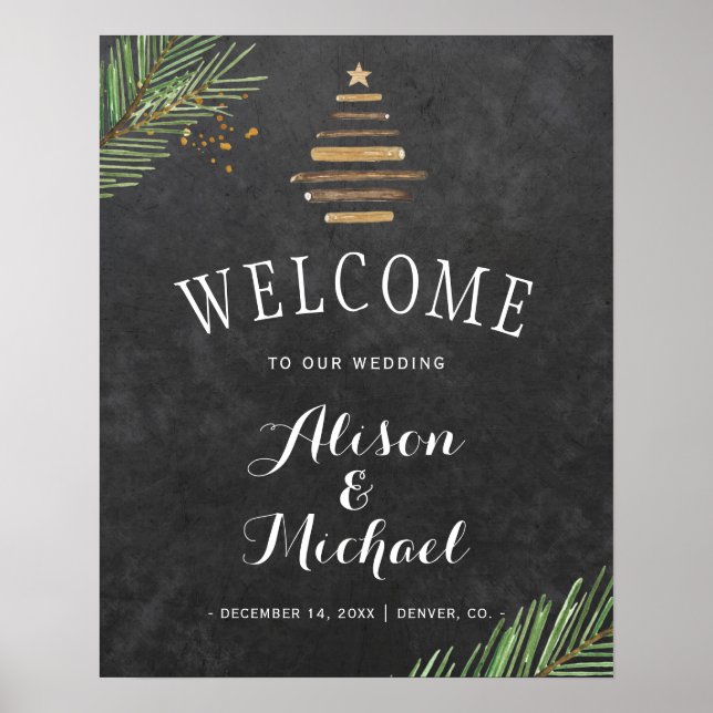 Modern winter pine chalkboard wedding welcome sign (Front)