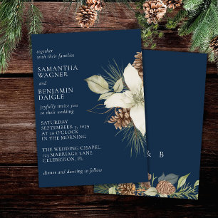 Modern Winter Pine Navy Blue Elegant Wedding Invitation
