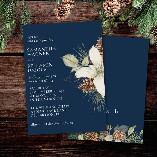 Modern Winter Pine Navy Blue Elegant Wedding Invitation (Creator Uploaded)