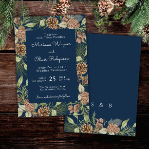 Modern Winter Pine Navy Blue Elegant Wedding Invitation