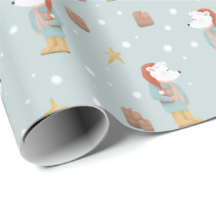 Modern Winter Polar Bear and Snowflakes Christmas Wrapping Paper