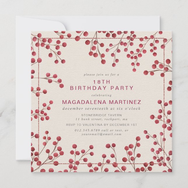 Modern Winter Red Berry 18th Birthday Party Invitation (Front)