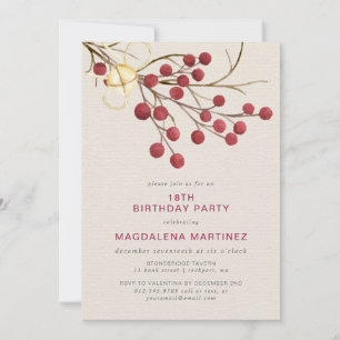 Modern Winter Red Berry 18th Birthday Party Invitation