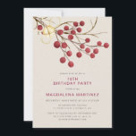 Modern Winter Red Berry 70th Birthday Party Invitation<br><div class="desc">Beautiful chic rustic birthday invitation for a winter birthday party. It features red fire berries on a bare branch decorated with a gold bell and twine.</div>
