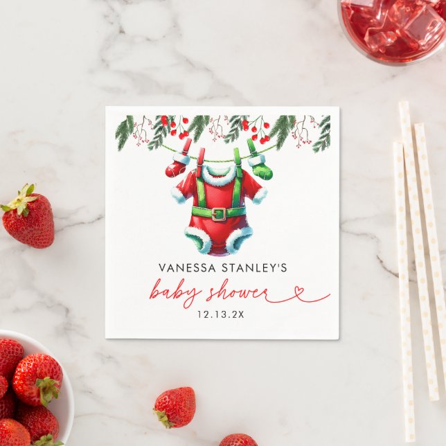 Modern Winter Red Christmas Santa Baby Shower Napkin (Insitu)