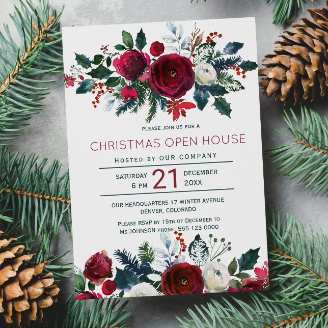 Modern winter red flowers Christmas open house Invitation (Creator Uploaded)
