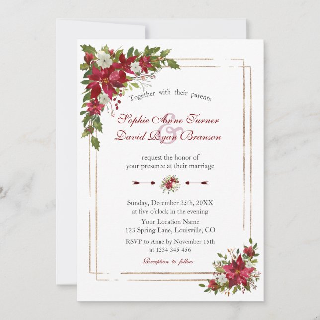 Modern Winter Red White Poinsettia Gold Wedding Invitation (Front)
