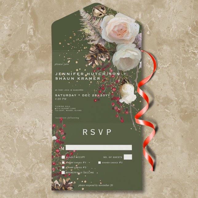 Modern Winter Roses & Red Berries Green Dinner All In One Invitation (Modern Winter Roses & Red Berries Green Dinner All In One Invitation)