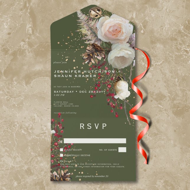 Modern Winter Roses & Red Berries Green No Dinner All In One Invitation (Modern Winter Roses & Red Berries Green No Dinner All In One Invitation)