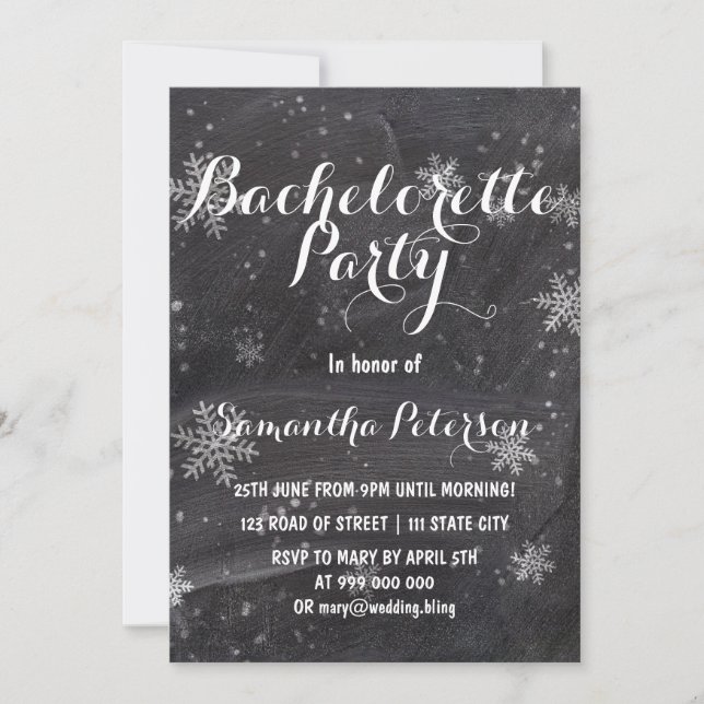 Modern winter snow chalkboard bachelorette party invitation (Front)