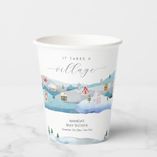 Modern Winter Snow It Takes A Village Baby Shower  Paper Cups
