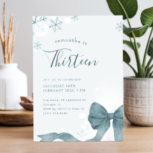 Modern Winter Snowflake Bow 13th Birthday Party Invitation