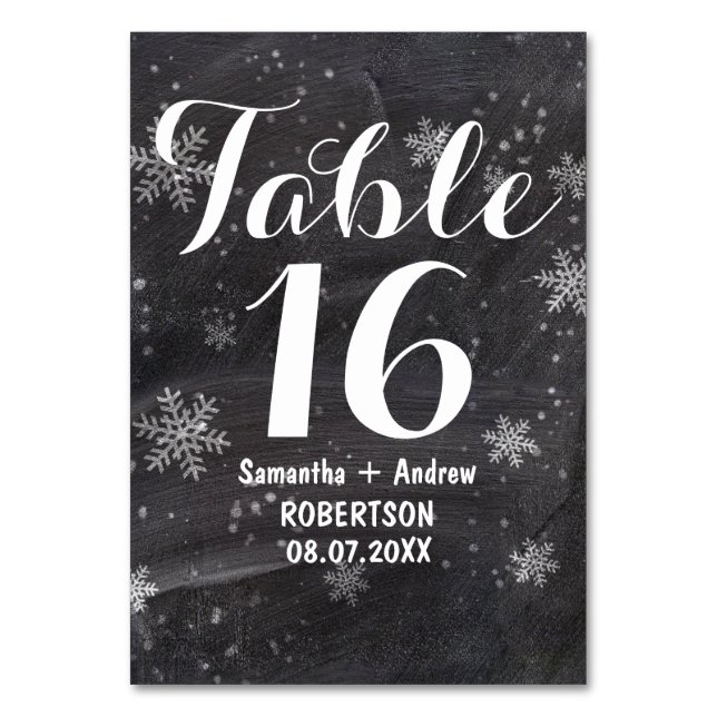 Modern winter snowflakes chalkboard table number (Front)
