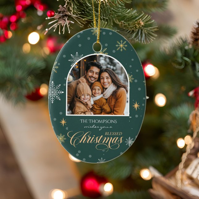 Modern Winter Snowflakes Photo Green Christmas Ceramic Tree Decoration (Creator Uploaded)