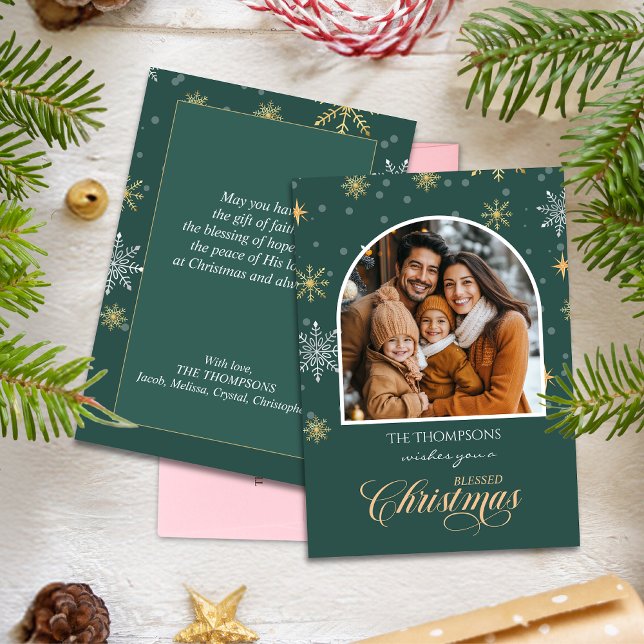 Modern Winter Snowflakes Photo Green Christmas Holiday Card (Creator Uploaded)