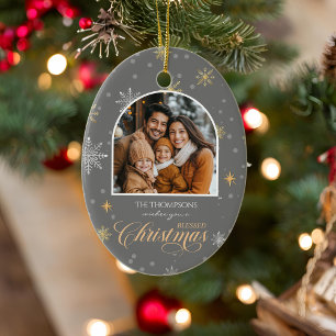 Modern Winter Snowflakes Photo Grey Christmas Ceramic Tree Decoration