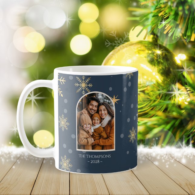 Modern Winter Snowflakes Photo Navy Blue Christmas Coffee Mug (Creator Uploaded)