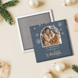 Modern Winter Snowflakes Photo Navy Christmas Magnet