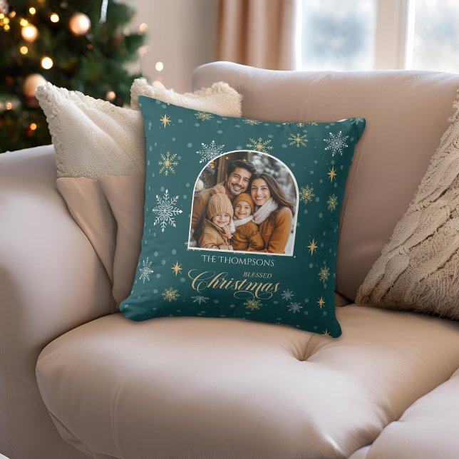 Modern Winter Snowflakes Photo Teal Christmas Cushion (Creator Uploaded)