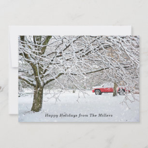 Modern Winter View Red Truck In Snow Minimalist Holiday Card