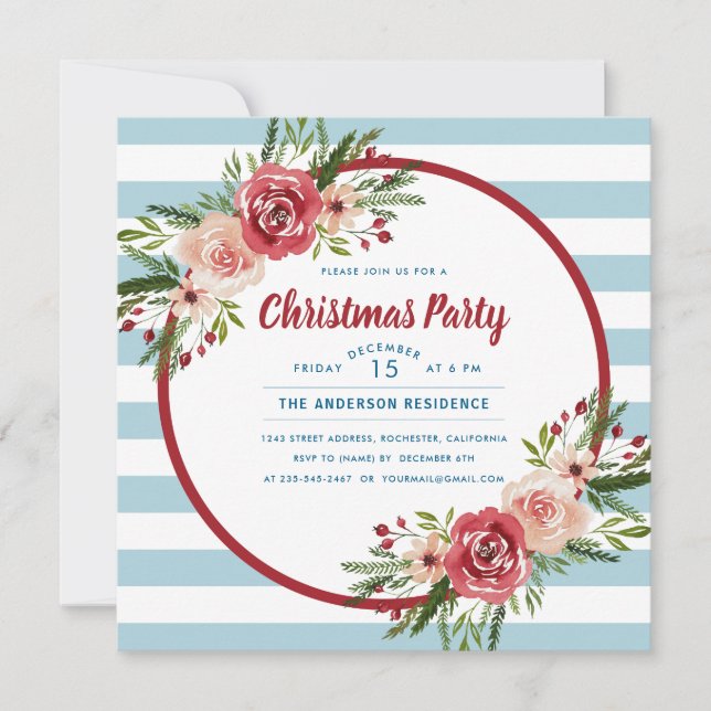 Modern Winter Watercolor Floral Christmas Party Invitation (Front)