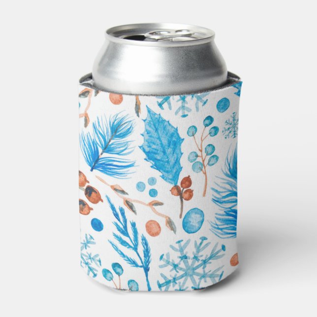 Modern Winter Watercolor Leaves and Berries  Can Cooler (Can Front)