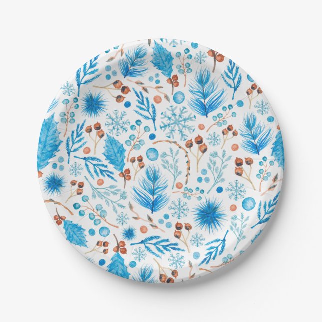 Modern Winter Watercolor Leaves and Berries  Paper Plate (Front)