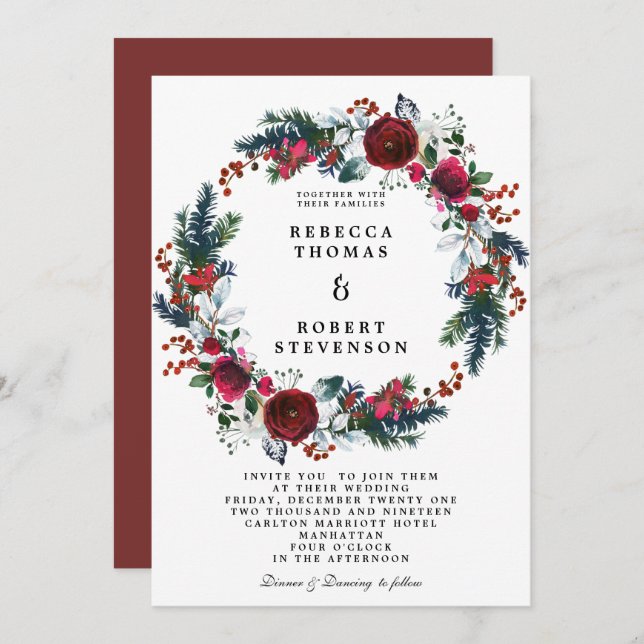 modern winter wedding burgundy floral wreath invitation (Front/Back)