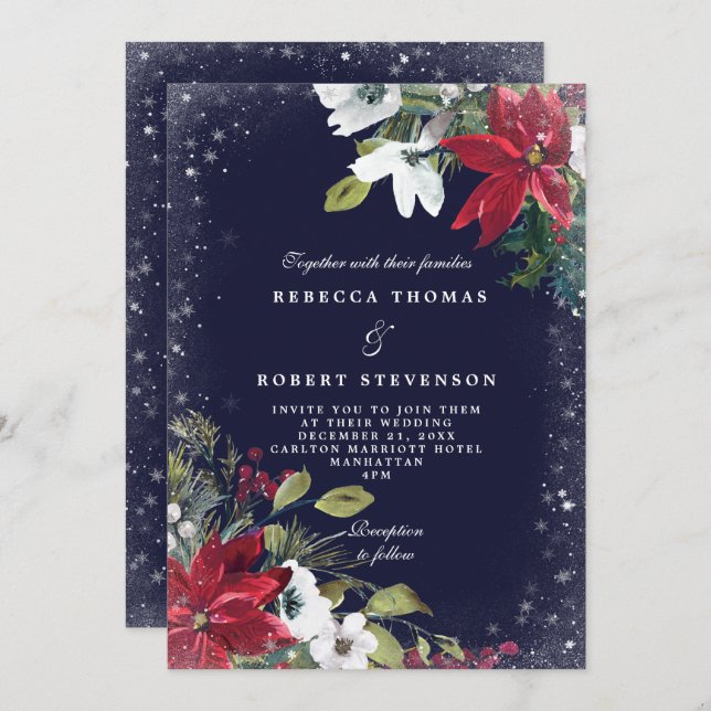 modern winter wedding navy florals wedding invitation (Front/Back)