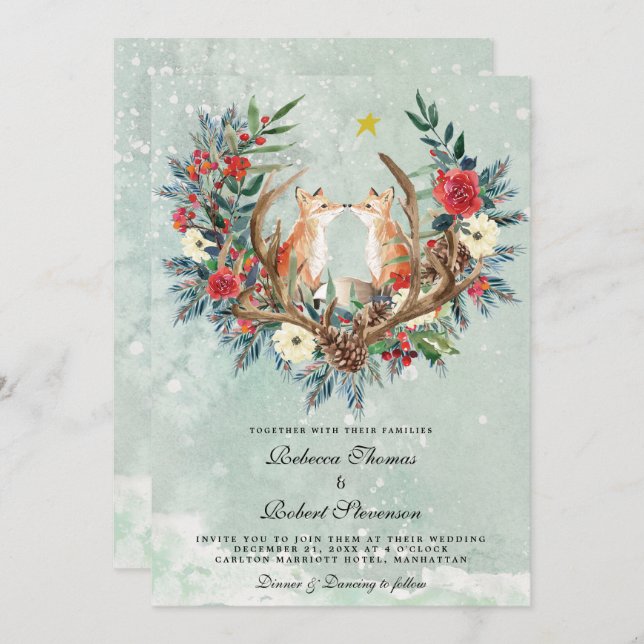 modern winter wedding red berries florals foxes invitation (Front/Back)