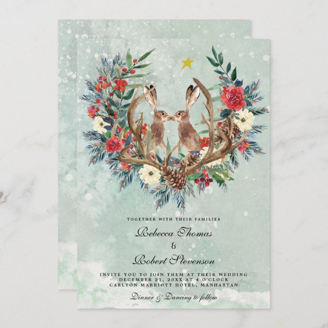 modern winter wedding red berries florals hare invitation (Front/Back)