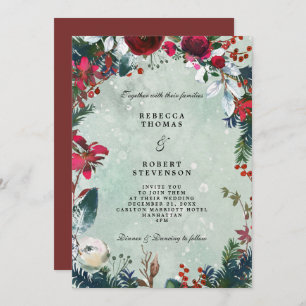 modern winter wedding red florals snow invitation