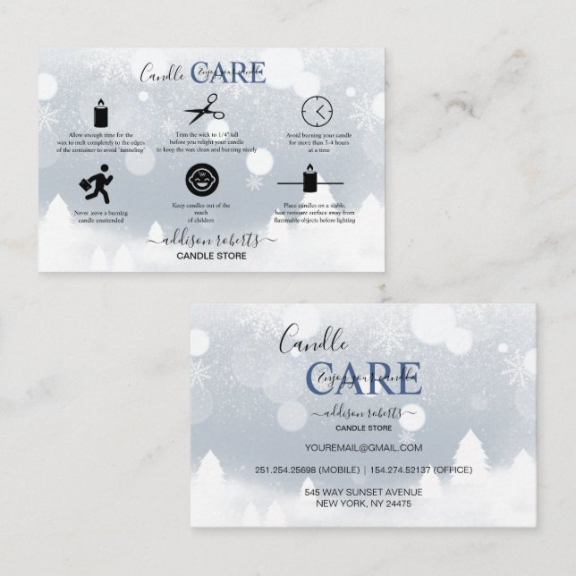 Modern Winter White and Silver Snow  Candle Care  Business Card (Front/Back)