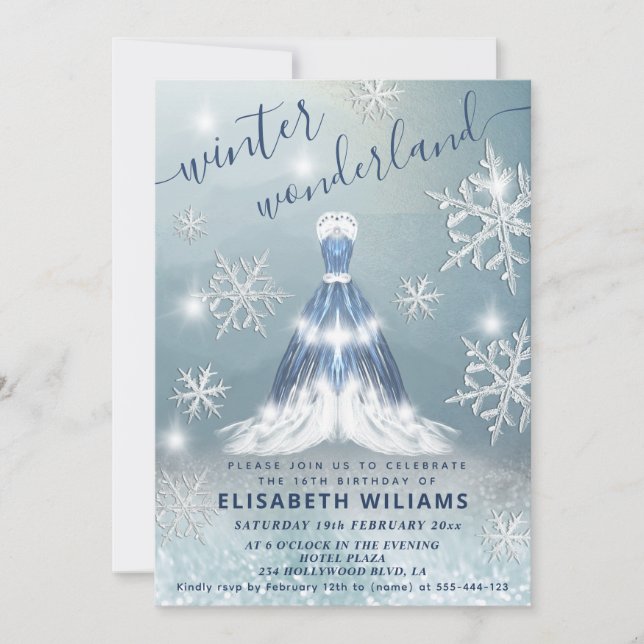 Modern winter wonderland princess dress sweet 16 invitation (Front)