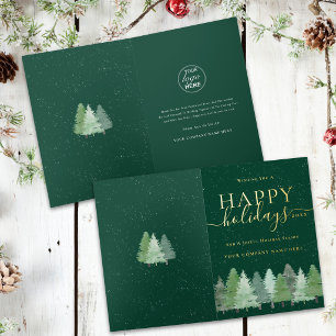 Modern Winter Woodland Business Logo Green Gold Foil Holiday Card