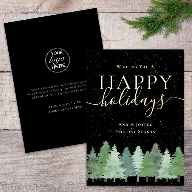 Modern Winter Woodland Company Logo Black & Gold (Modern woodland snow company logo happy holidays black and gold foil business holiday card)